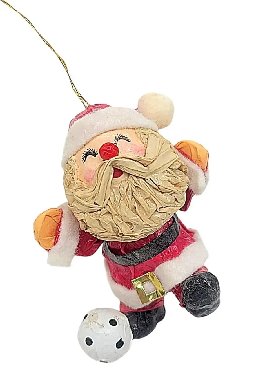 Vintage Paper Mache Santa Claus With Soccer Ball Christmas Ornament 3.5